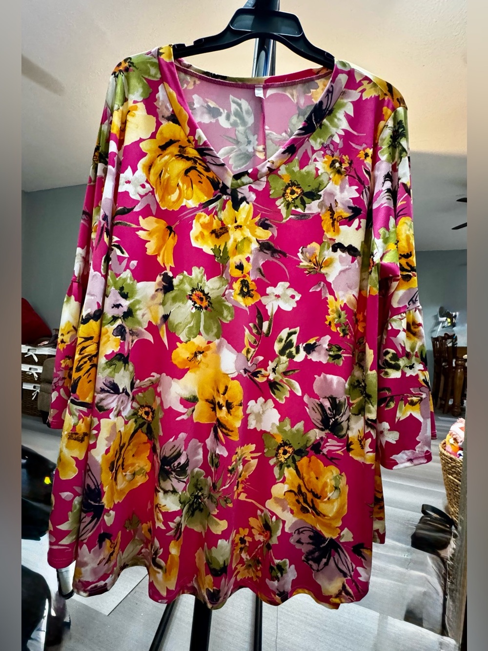 Vibrant Floral V-Neck Blouse - Pink and Yellow